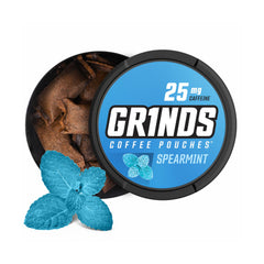 GRINDS frente del empaque mostrando sabor spearmint y conveniencia