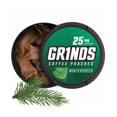 GRINDS lata frontal con etiqueta wintergreen, diseño práctico para llevar