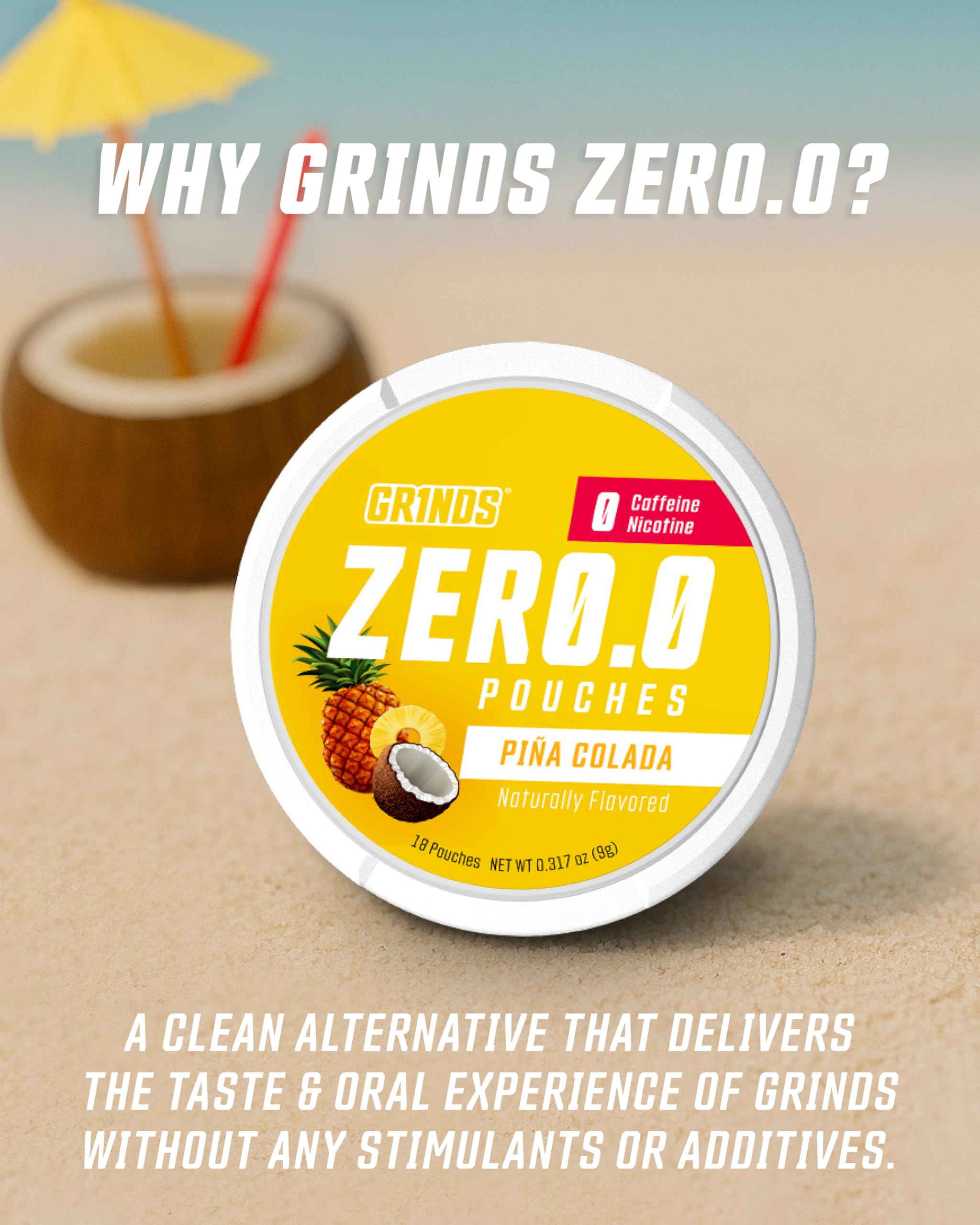 GRINDS primer plano de una bolsita piña colada, textura discreta y limpia