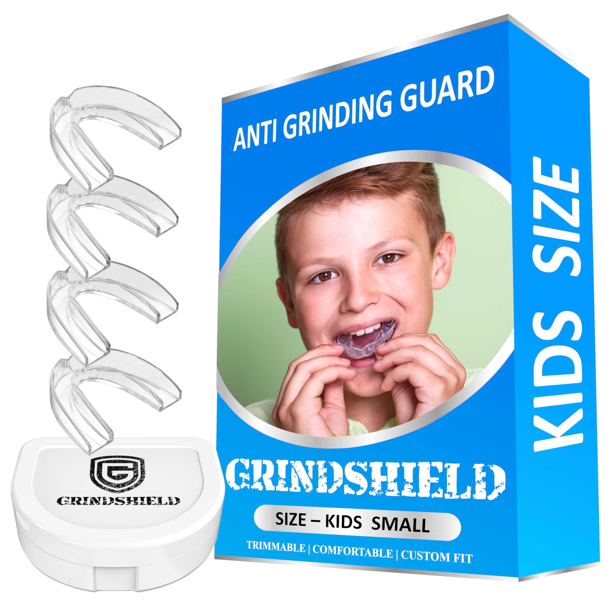 GRINDSHIELD vista frontal del empaque protege dientes del niño