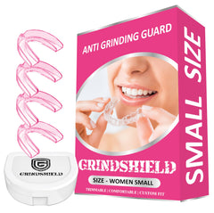 GRINDSHIELD empaque frontal mostrando cuatro protectores y estuche, protección compacta