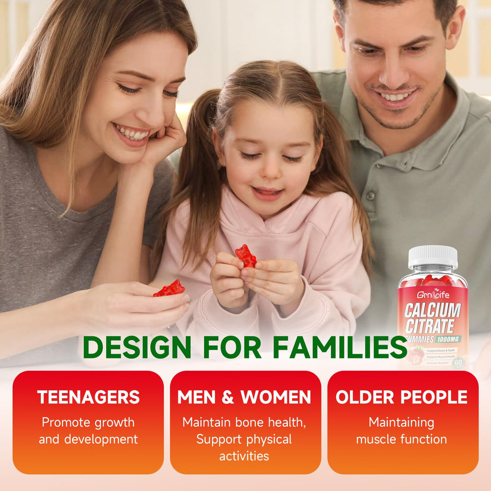 GrnLife familia en mesa tomando gominolas sabor fresa de forma cómoda