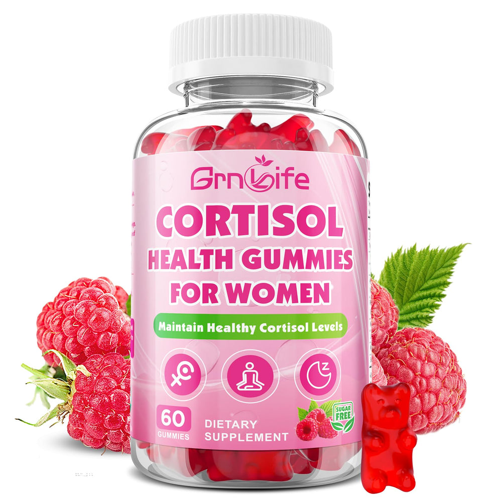 GrnLife frasco frontal de Cortisol Gummies mostrando etiqueta y beneficio relajación