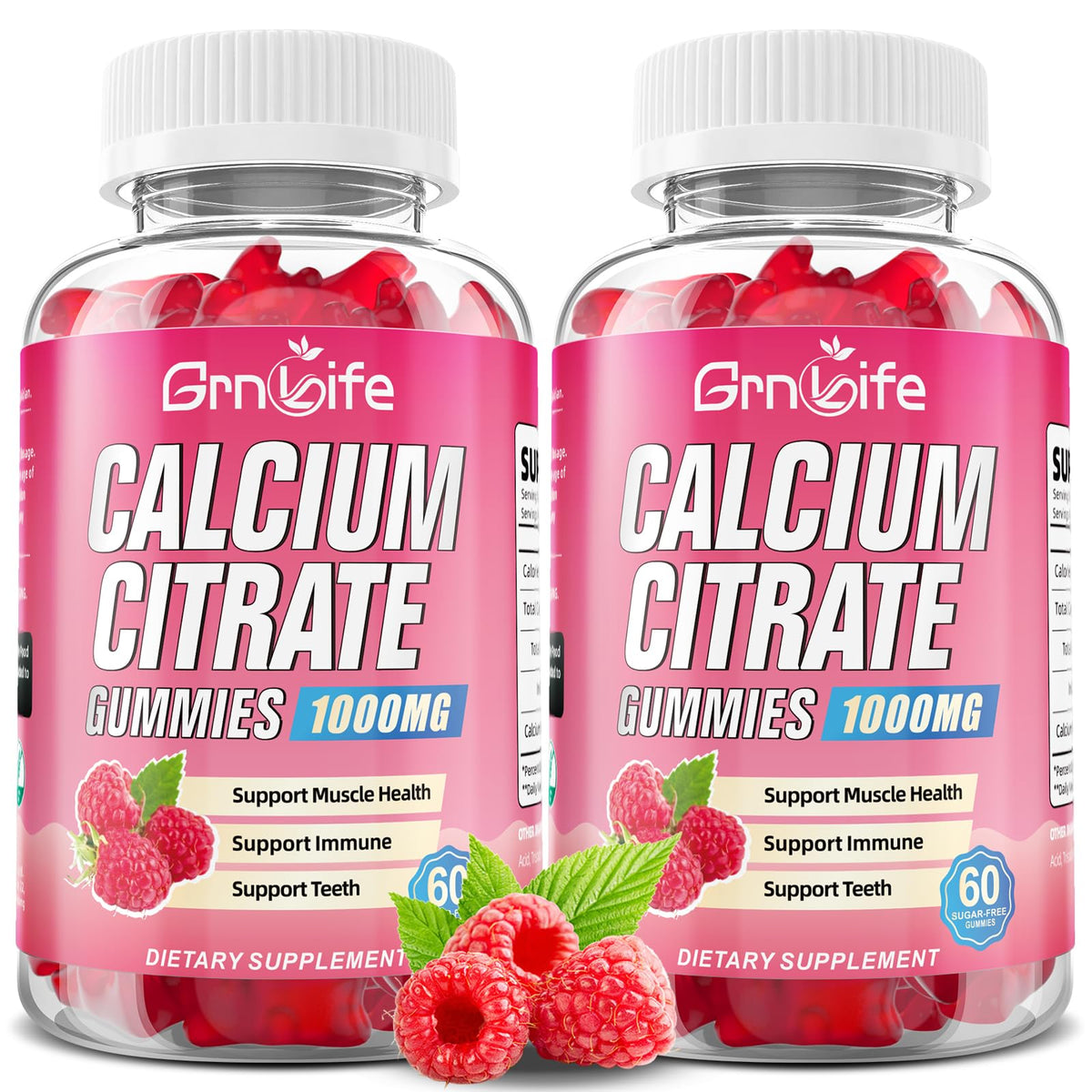 GrnLife frente del envase gomitas calcio con información clara y fácil uso