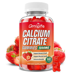 GrnLife frasco frontal mostrando 60 gomitas y beneficio de aporte de calcio