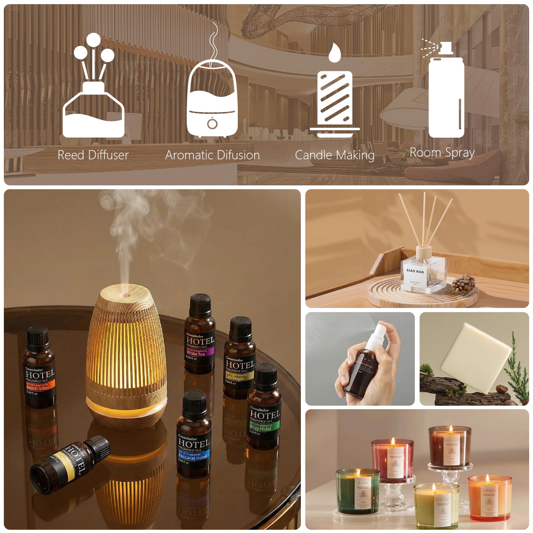 Grombolar frasco en difusor ultrasonido en uso, ofrece aroma duradero