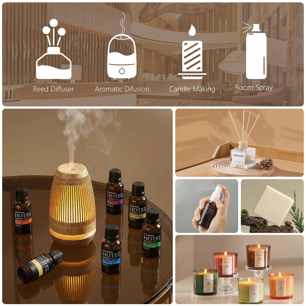 Grombolar frasco en difusor ultrasonido en uso, ofrece aroma duradero