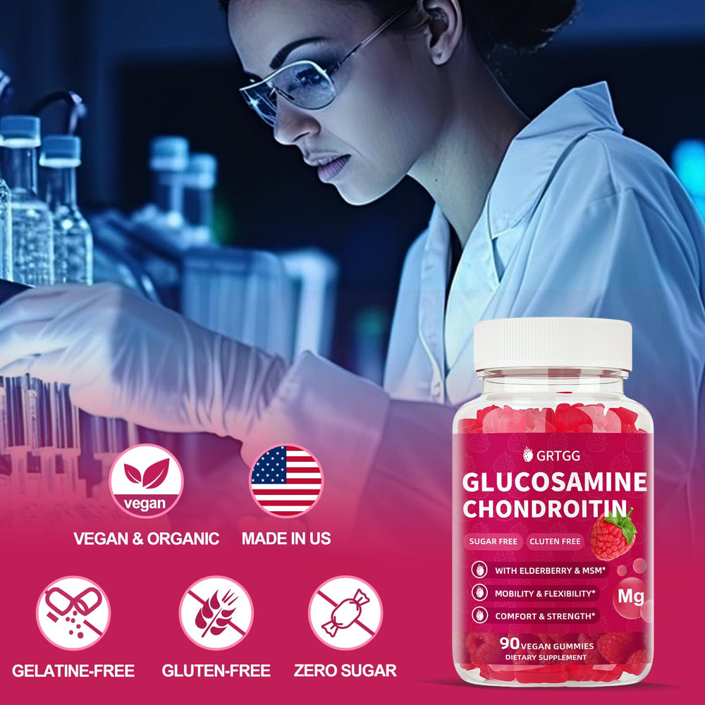 GRTGG primer plano de ingredientes como MSM y glucosamina, enfoque en la fórmula