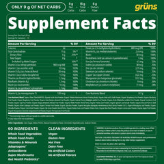 Grüns etiqueta nutricional cerca exhibe vitaminas metiladas y contenido