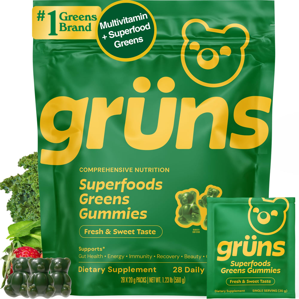Grüns frente del empaque mostrando 28 gomitas y beneficios visibles