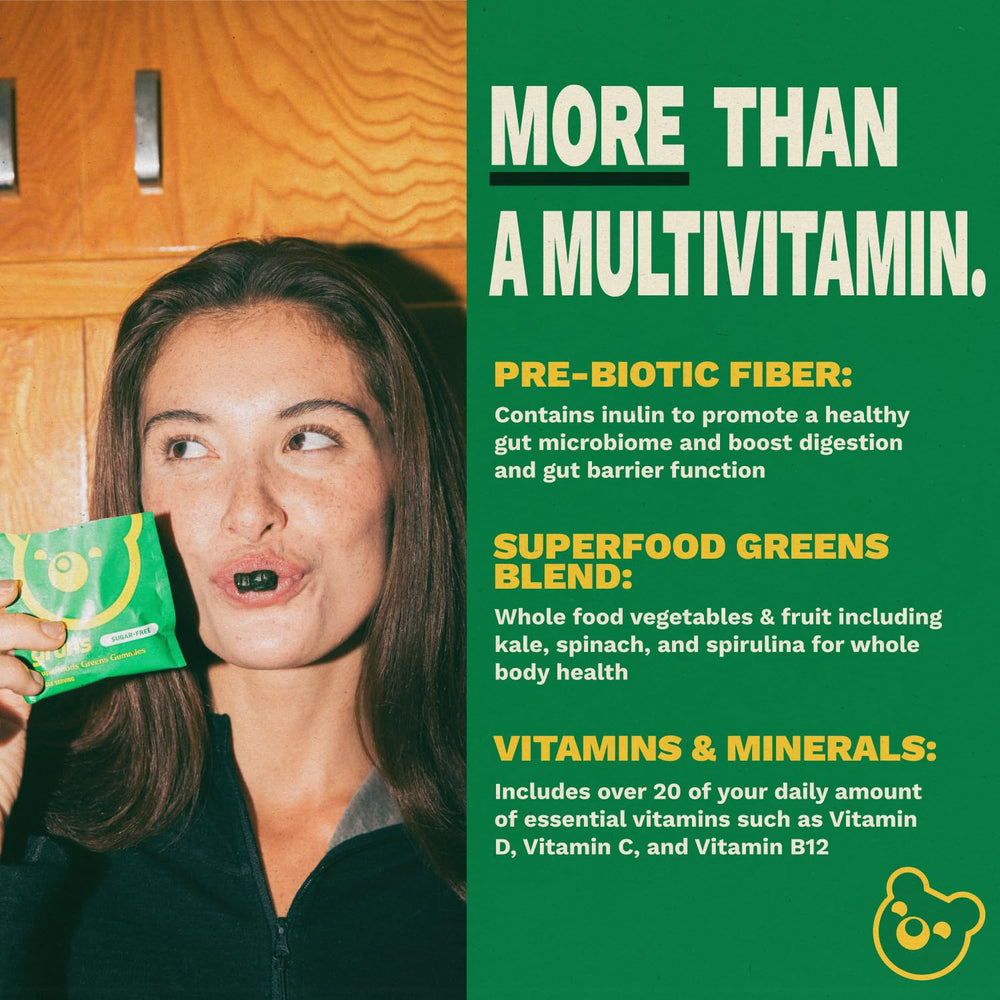 Grüns etiqueta de ingredientes destacando vitaminas y prebióticos