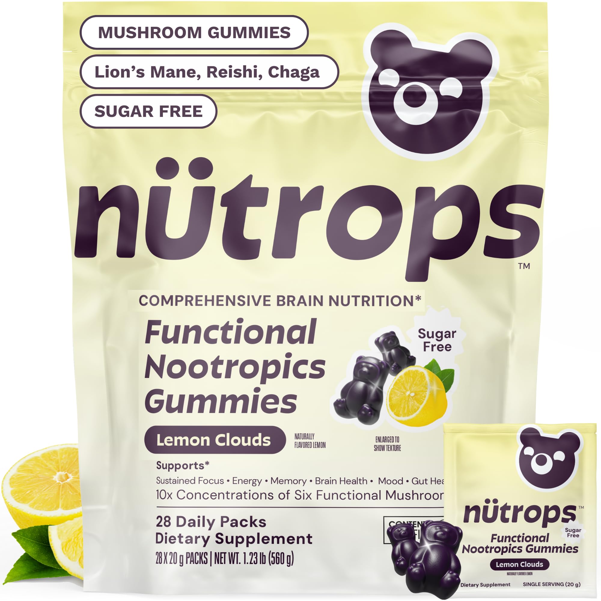 Grüns Nutrops empaque frontal mostrando diseño y sabor limón, utilidad diaria