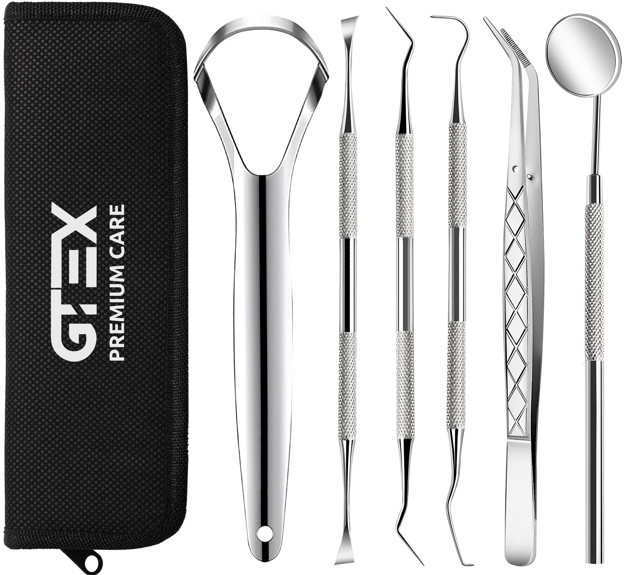 GTEX kit frontal mostrando seis herramientas para limpieza dental y organización
