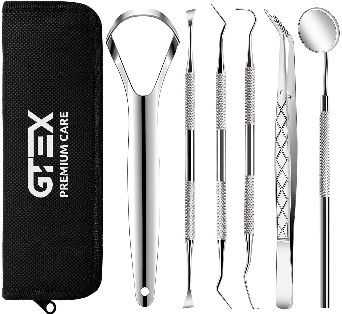 GTEX kit frontal mostrando seis herramientas para limpieza dental y organización