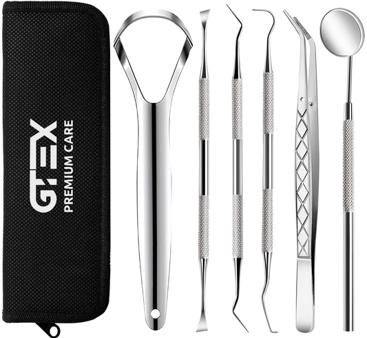 GTEX kit frontal mostrando seis herramientas para limpieza dental y organización