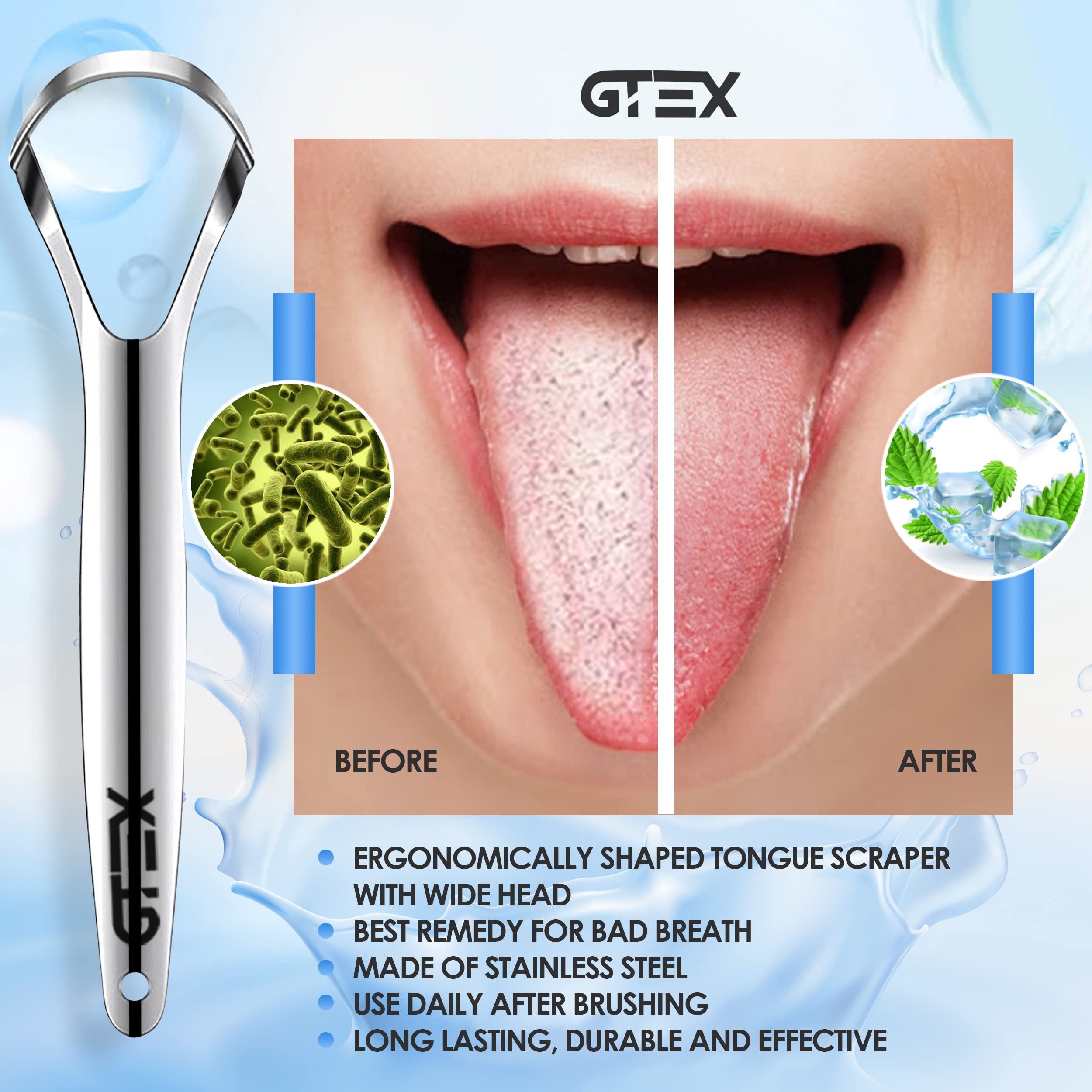 Limpiador de lengua GTEX mostrando superficie para reducir residuos y mal aliento