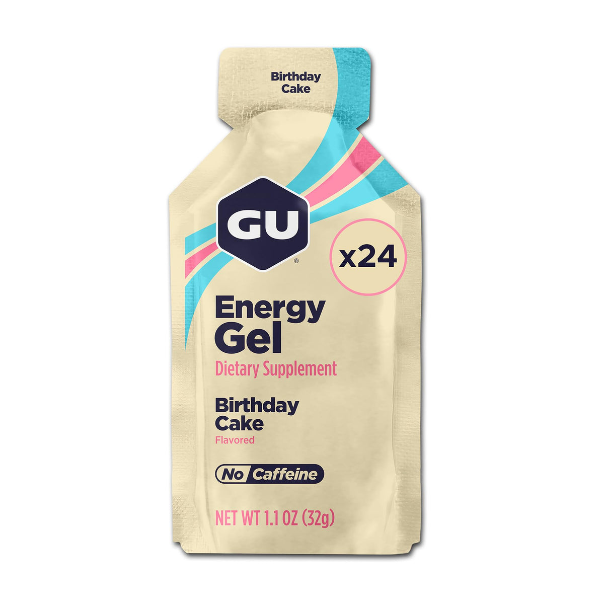 GU Energy frente del empaque mostrando pack de 24, portátil y práctico