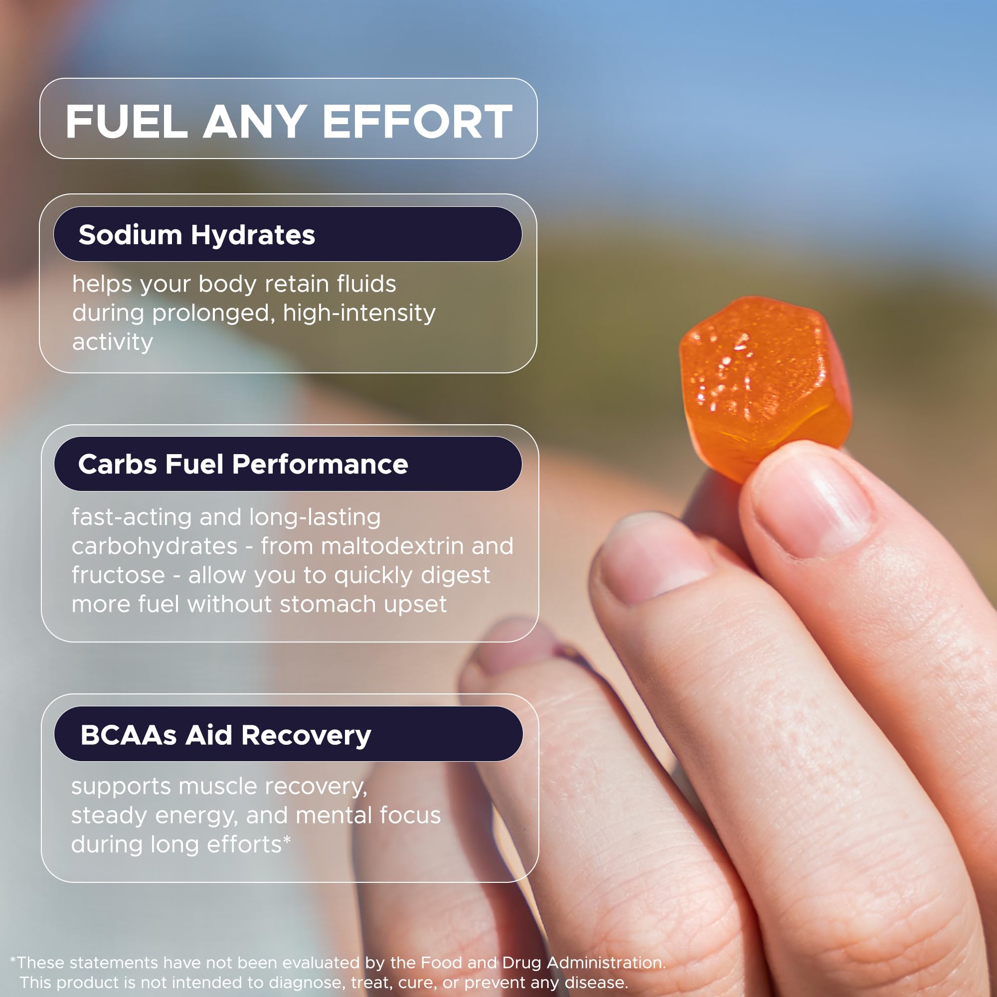 GU Energy comparación de tamaño con mano para referencia clara