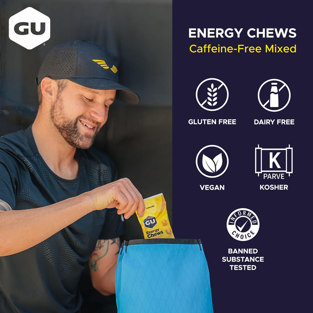 GU Energy chews en uso por corredor demostrando recarga energética portátil