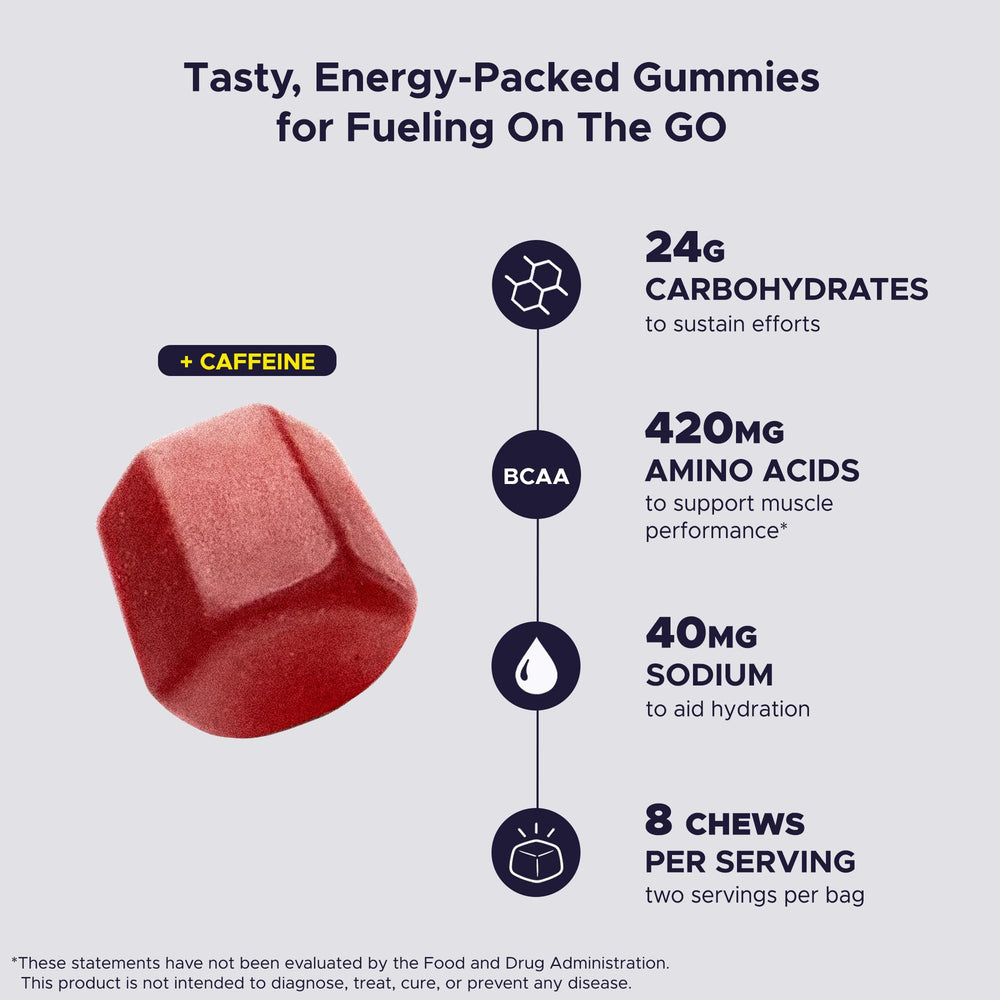 GU Energy chews fresa bolsa abierta mostrando 16 chews listos para consumir