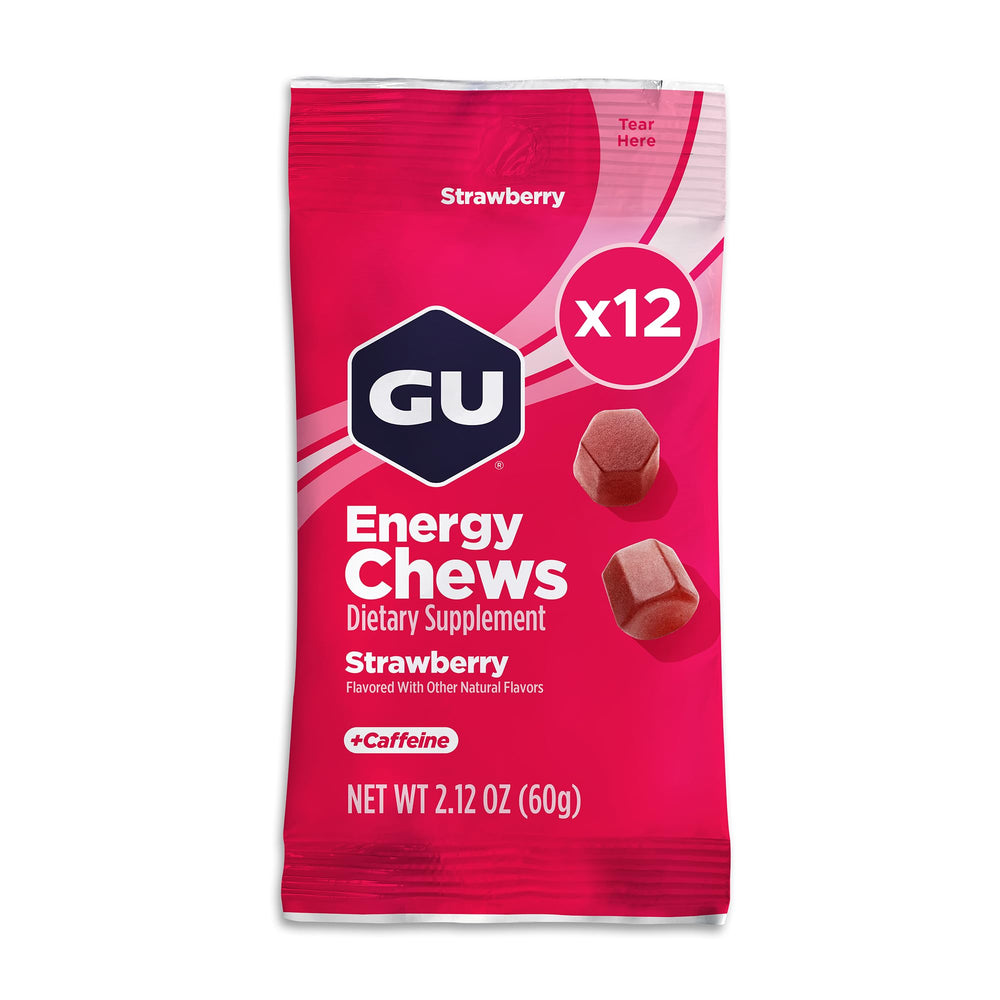 GU Energy chews fresa vista frontal paquete, portable para entrenos