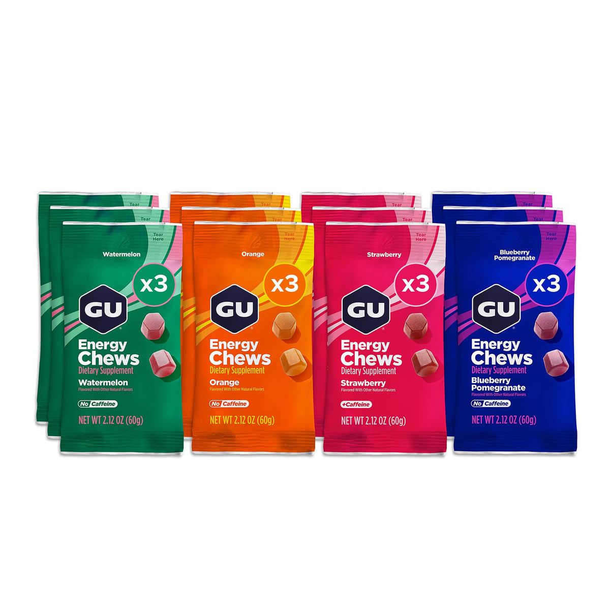 GU Energy paquete frontal mostrando 12 bolsas y portabilidad