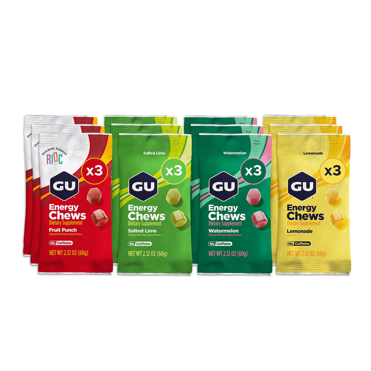 GU Energy chews vista frontal del paquete mostrando el diseño y cantidad