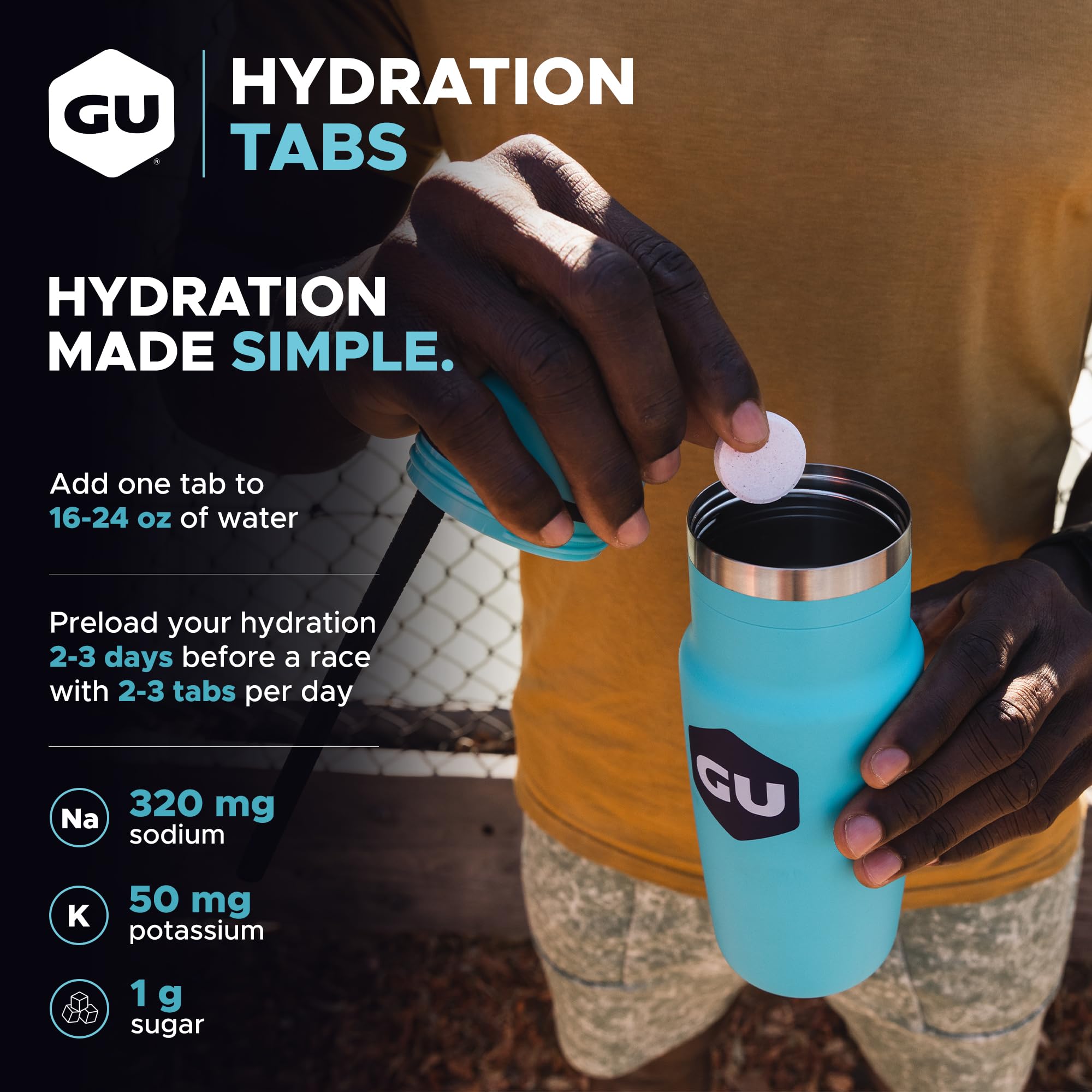 GU Energy comparación de tamaño en mano mostrando facilidad de transporte