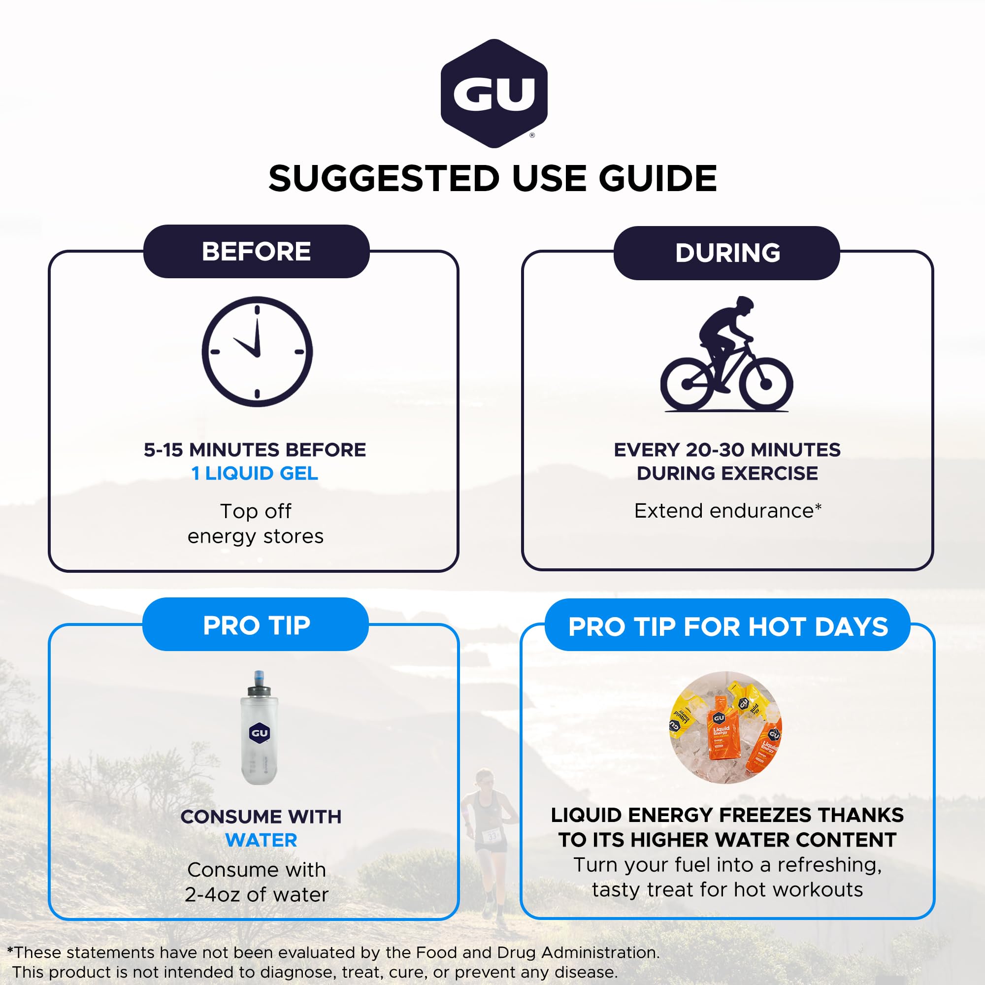 Comparación de tamaño GU Energy gel con mano, facilita transporte y uso portátil