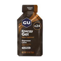 GU Energy pack frontal 24 unidades mostrando envases y conveniencia en entrenamiento