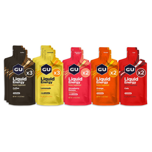 GU Energy frente del pack surtido mostrando sabores y formato, facilita elección rápida