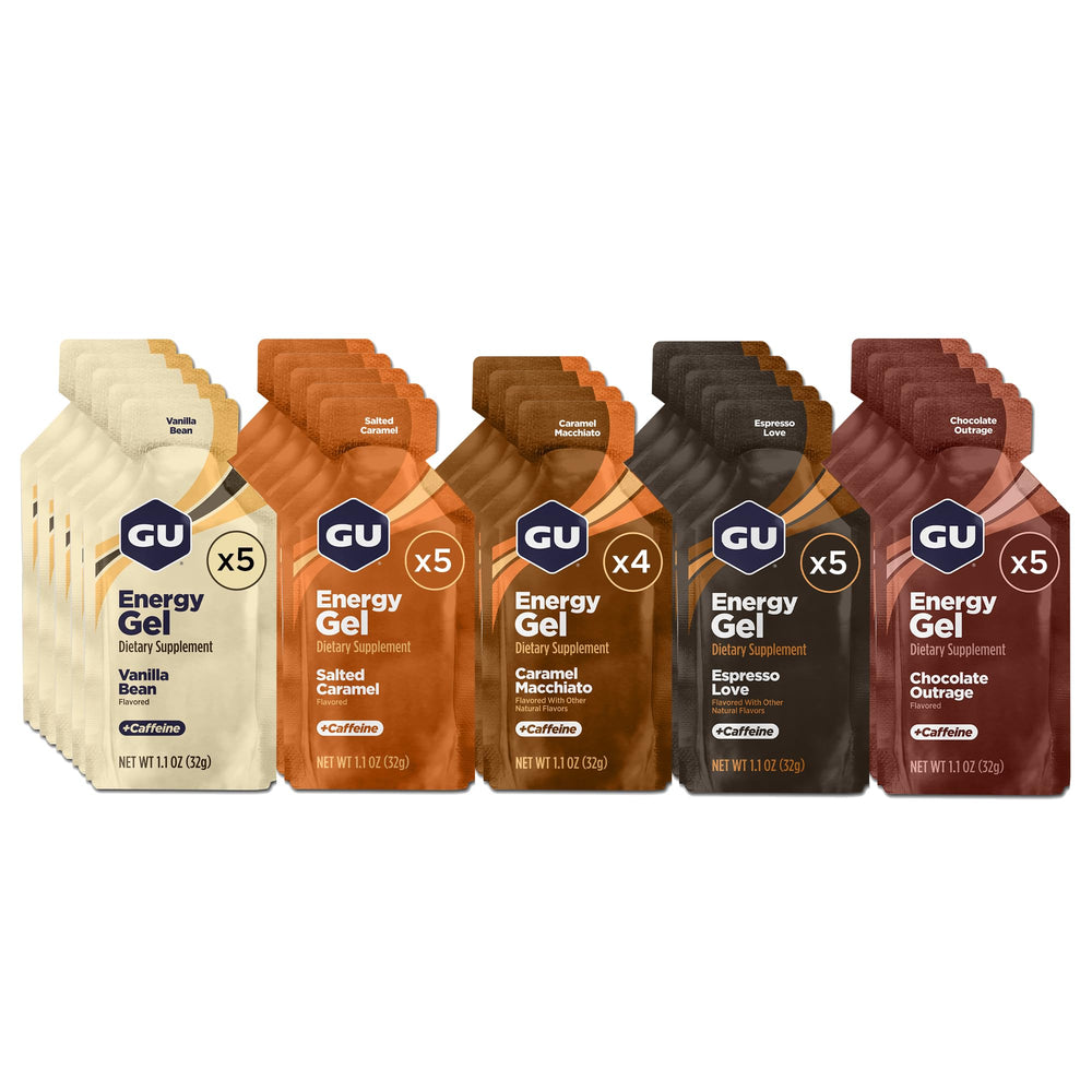 GU Energy frente del pack mostrando variedad de sabores y conveniencia