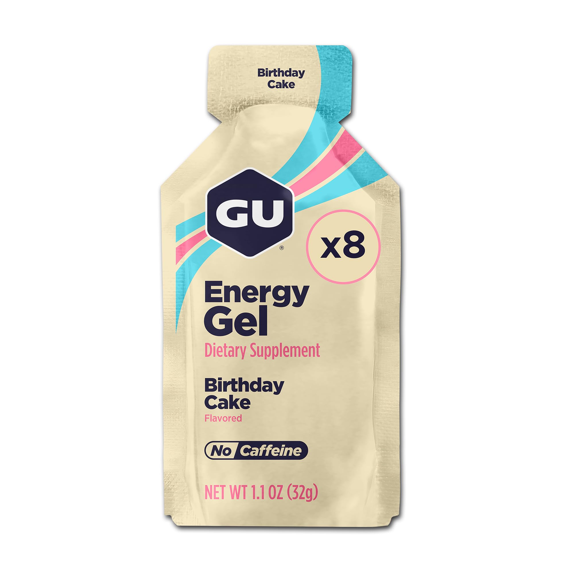 GU Energy gel Birthday Cake frente del sobre mostrando diseño y beneficio portátil