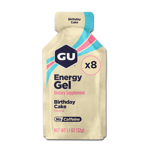 GU Energy gel Birthday Cake frente del sobre mostrando diseño y beneficio portátil