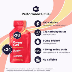 GU Energy sobre abierto detalle de etiqueta fresa plátano, fácil de usar en carrera