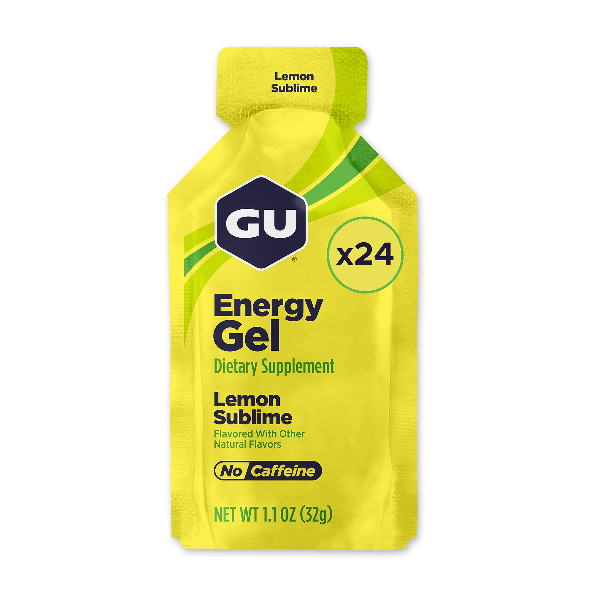 GU Energy frontal del paquete mostrando sabor Limón Sublime y conveniencia
