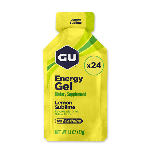 GU Energy frontal del paquete mostrando sabor Limón Sublime y conveniencia