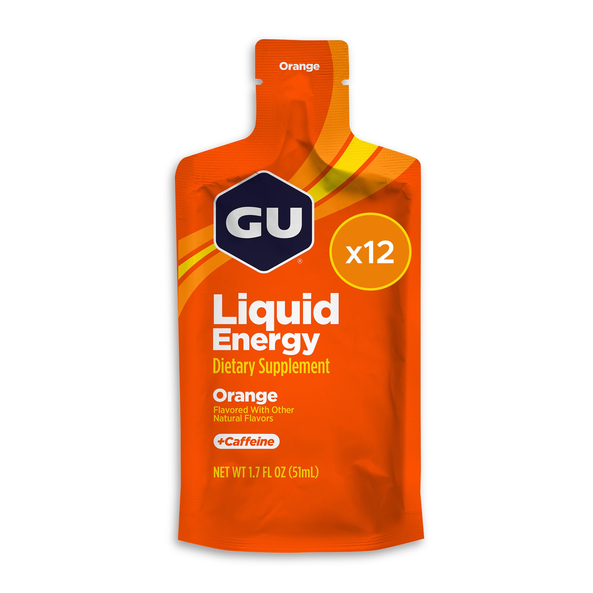 GU Energy gel naranja frente del empaque mostrando 12 sobres y beneficio de conveniencia