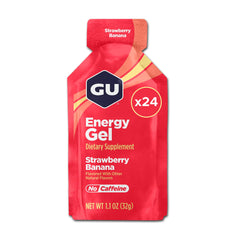 GU Energy empaque frontal mostrando caja de 24 unidades, conveniente para competiciones