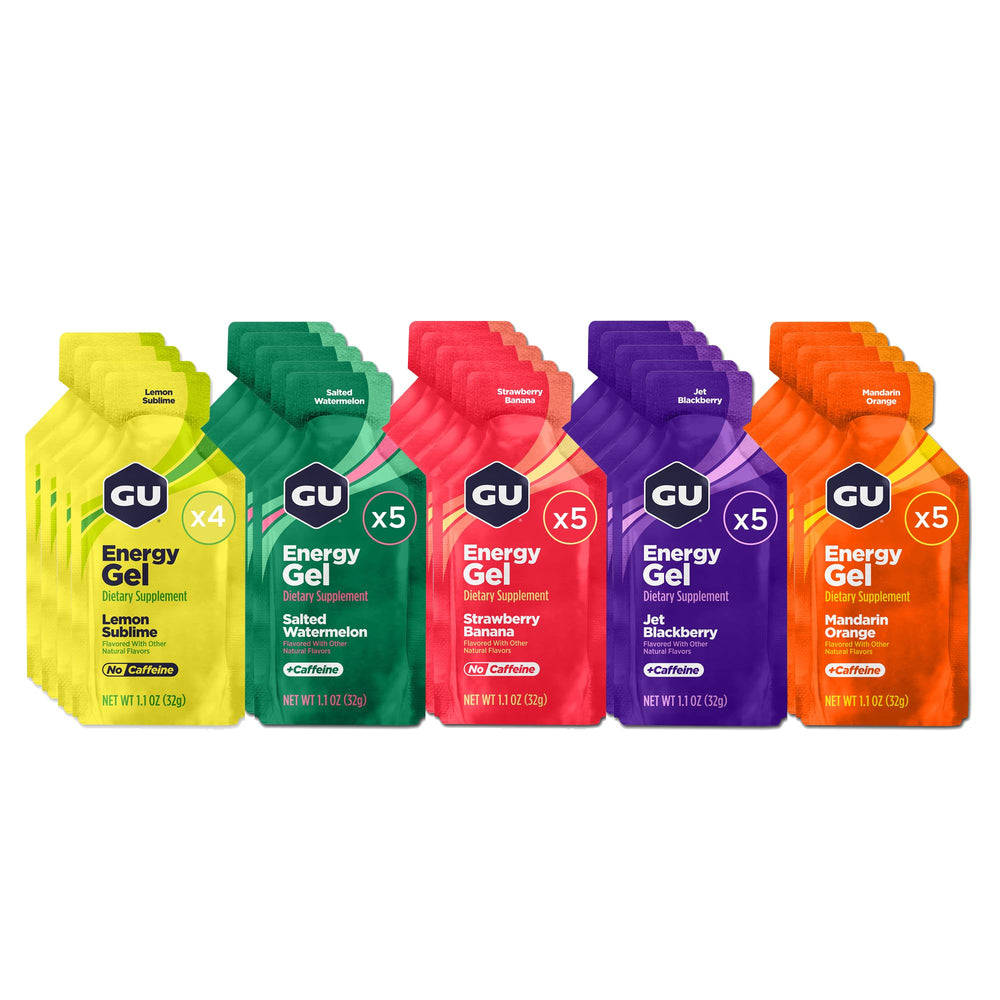 GU Energy gel paquete delantero mostrando 24 sobres y variedad de sabores para energía rápida