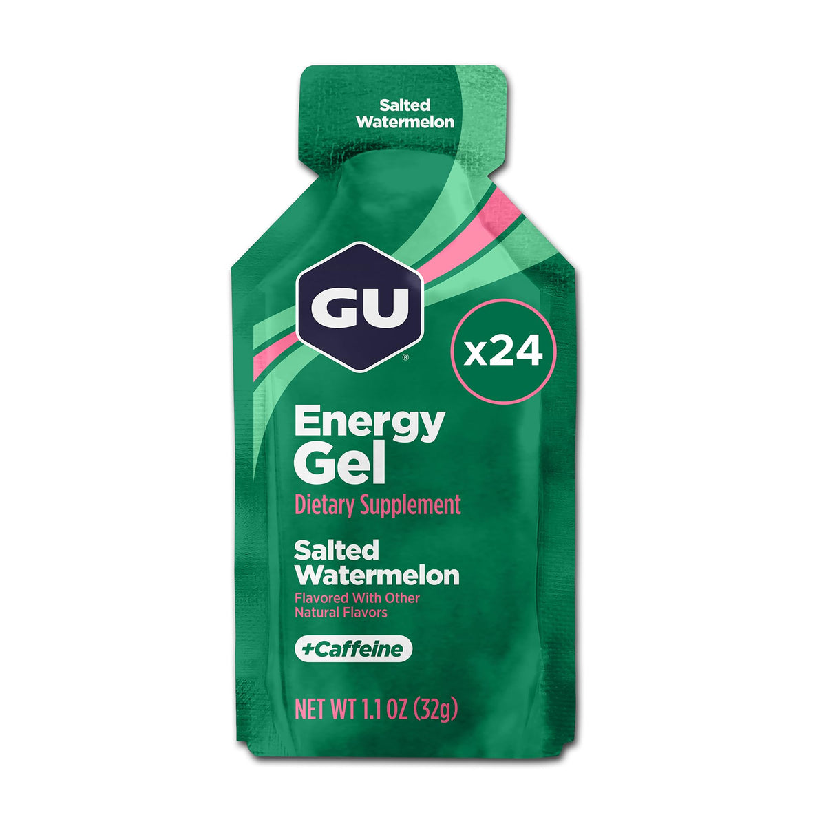 GU Energy gel salted watermelon vista frontal del paquete muestra 24 sobres y portabilidad