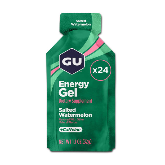 GU Energy gel salted watermelon vista frontal del paquete muestra 24 sobres y portabilidad