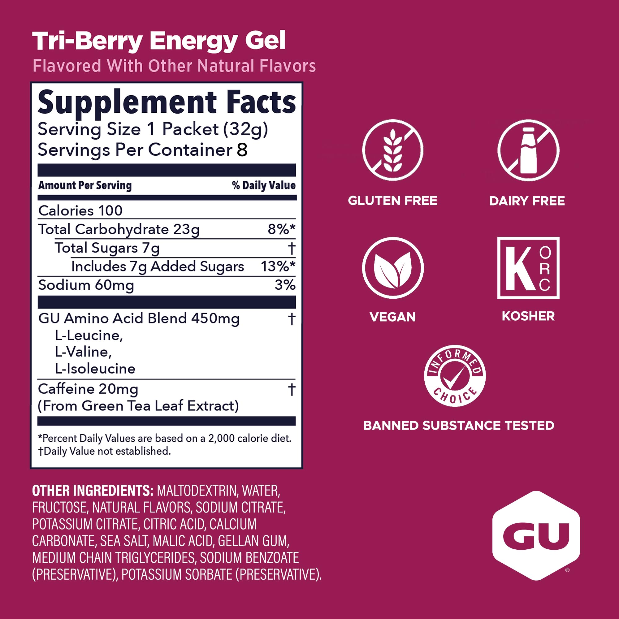 GU Energy gel Tri-Berry detalle de etiqueta ingredientes y beneficios claros