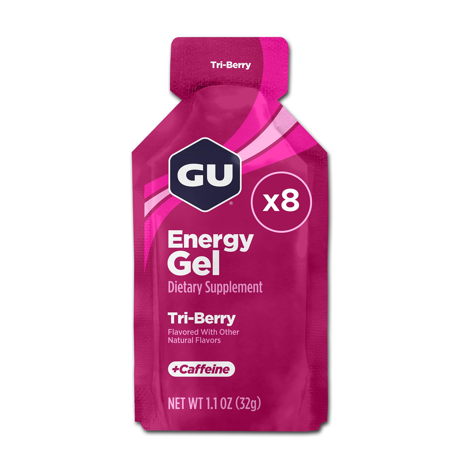 GU Energy gel Tri-Berry frente del empaque muestra branding y beneficio práctico