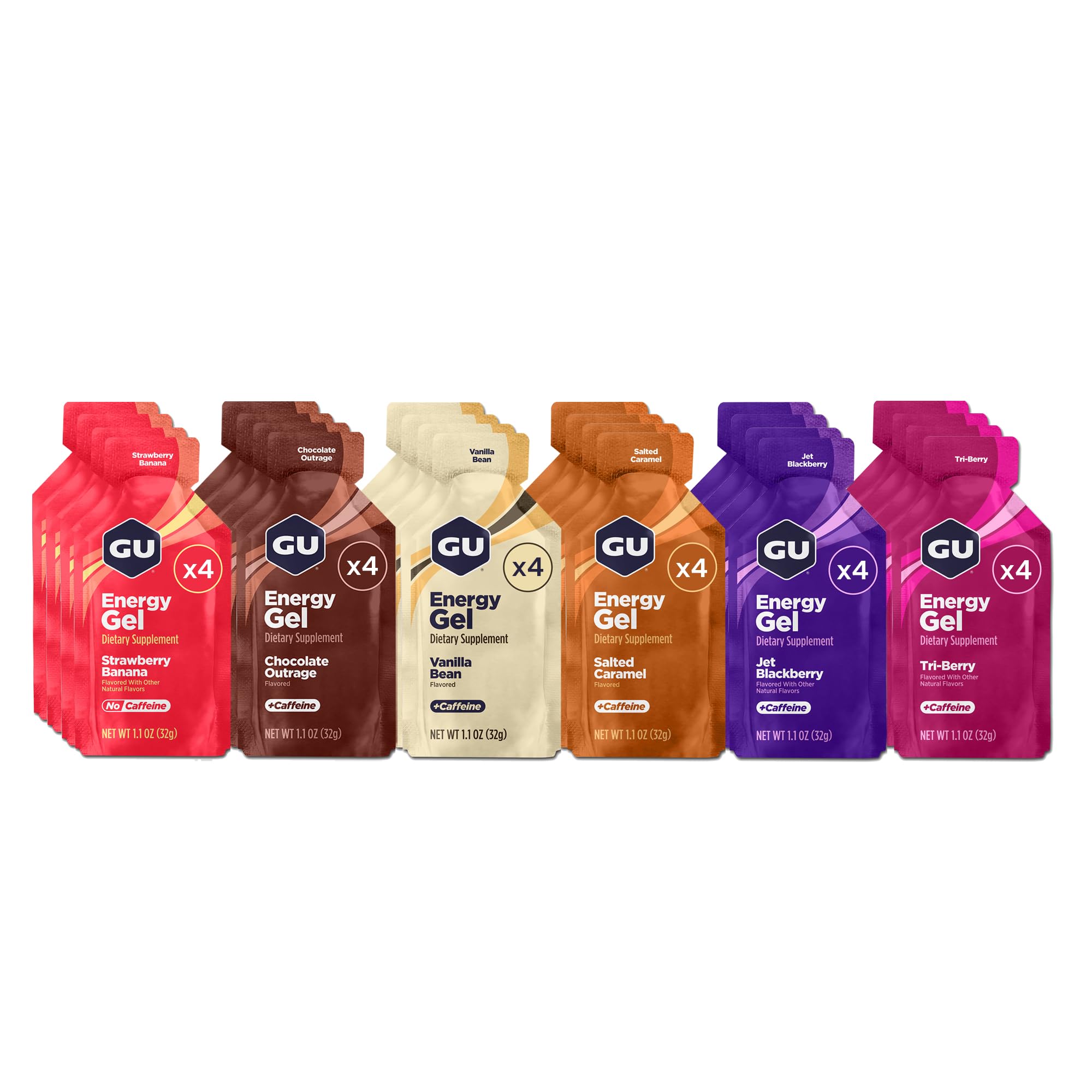 GU Energy paquete frontal mostrando variedad de sabores y conveniencia