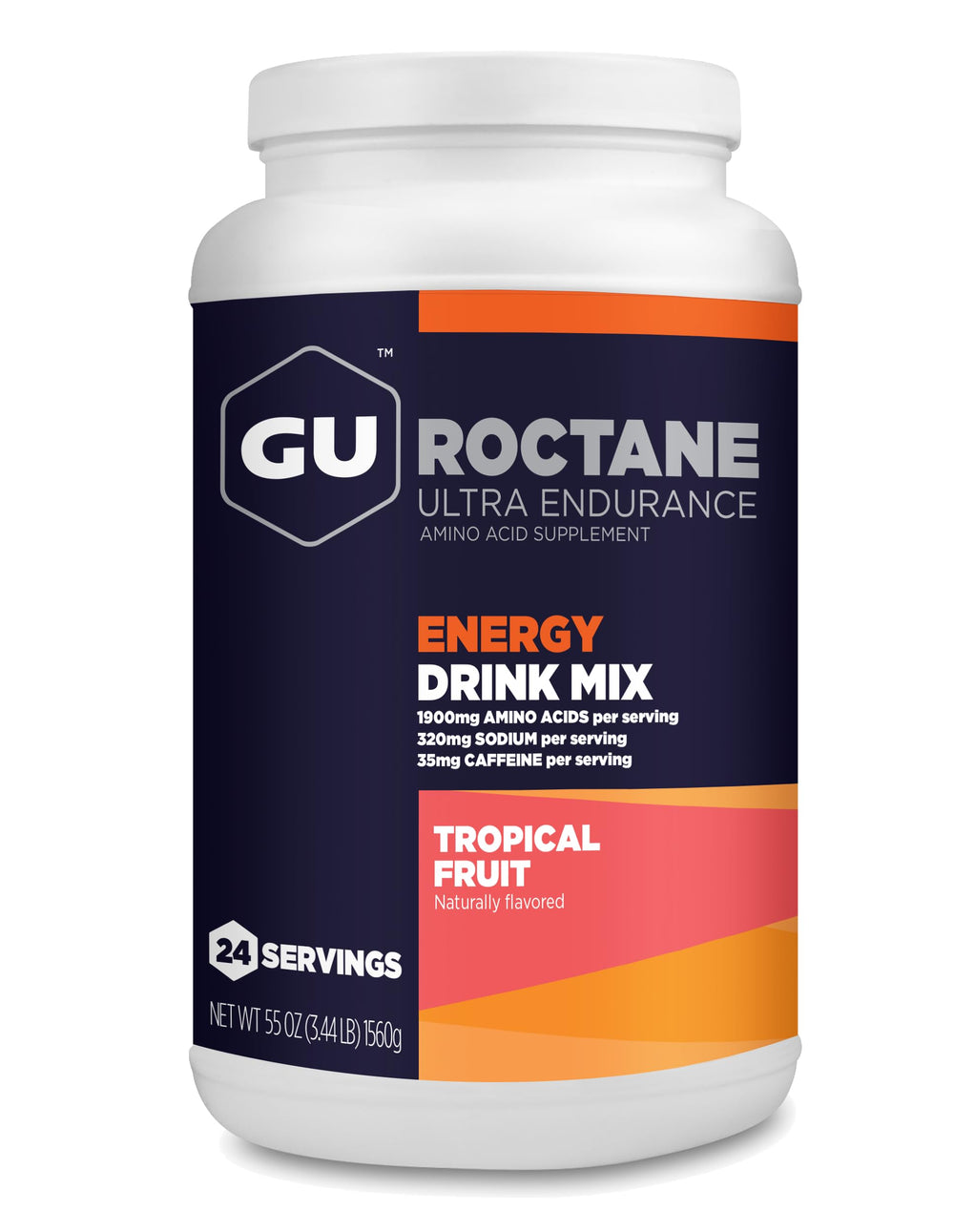 GU Energy tarro frontal tropical fruit mostrando envase y formato de 3,44 lb, ideal para entrenos largos