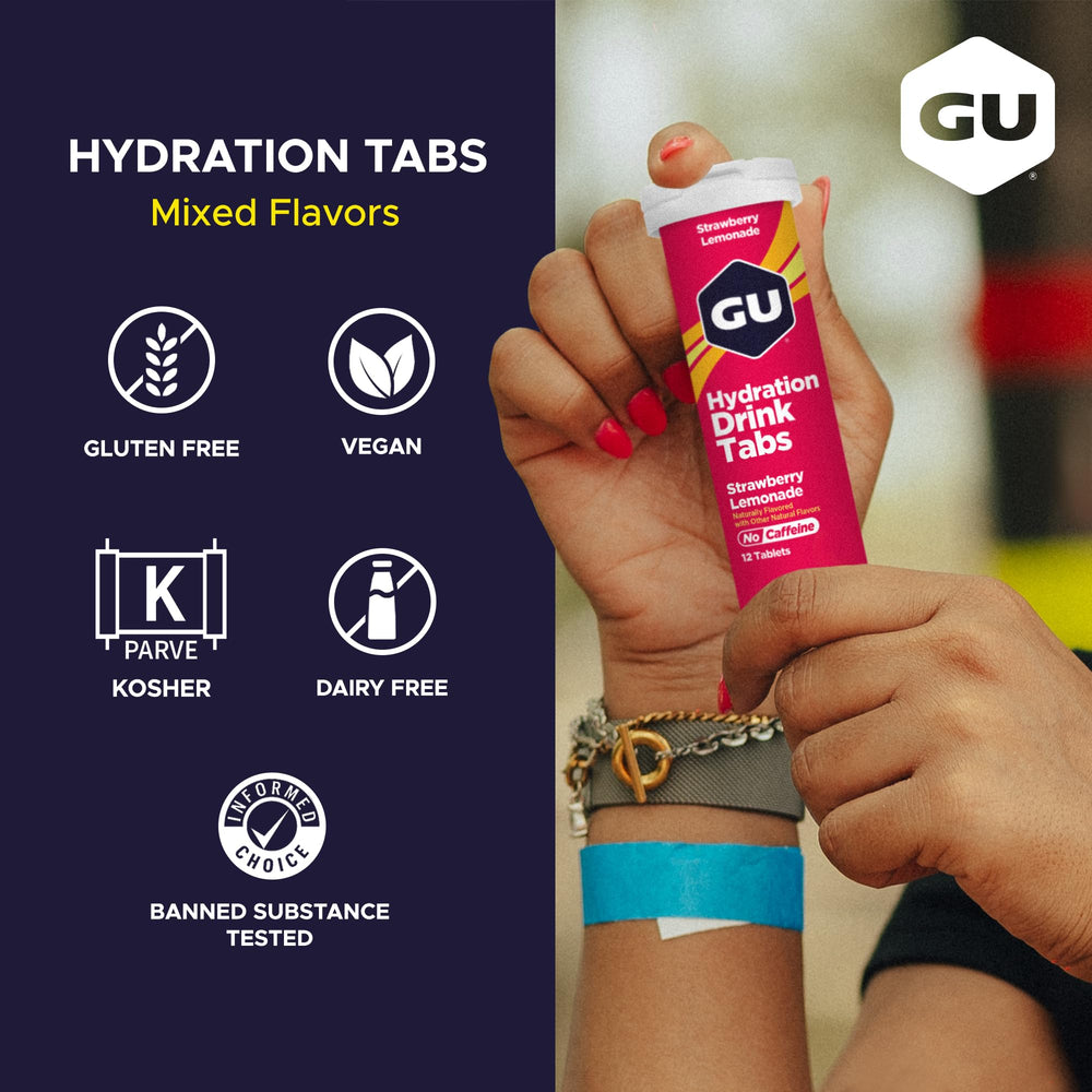GU Energy tableta en botella en uso para hidratación durante ejercicio