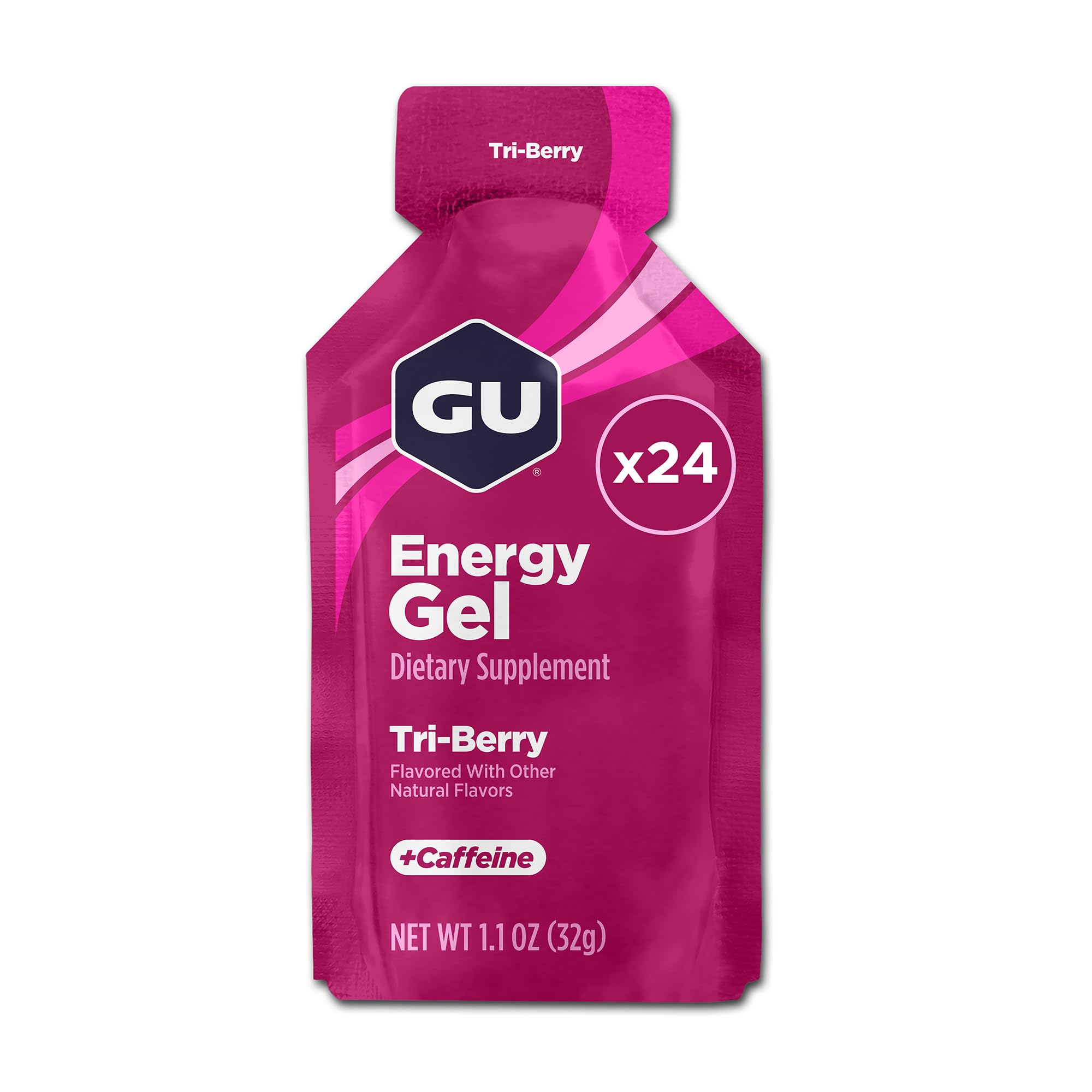 GU Energy Tri-Berry frente del empaque mostrando caja de 24 sobres y beneficio portar energía