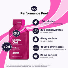 GU Energy Tri-Berry sobre en mano listo para consumir beneficio conveniencia en movimiento