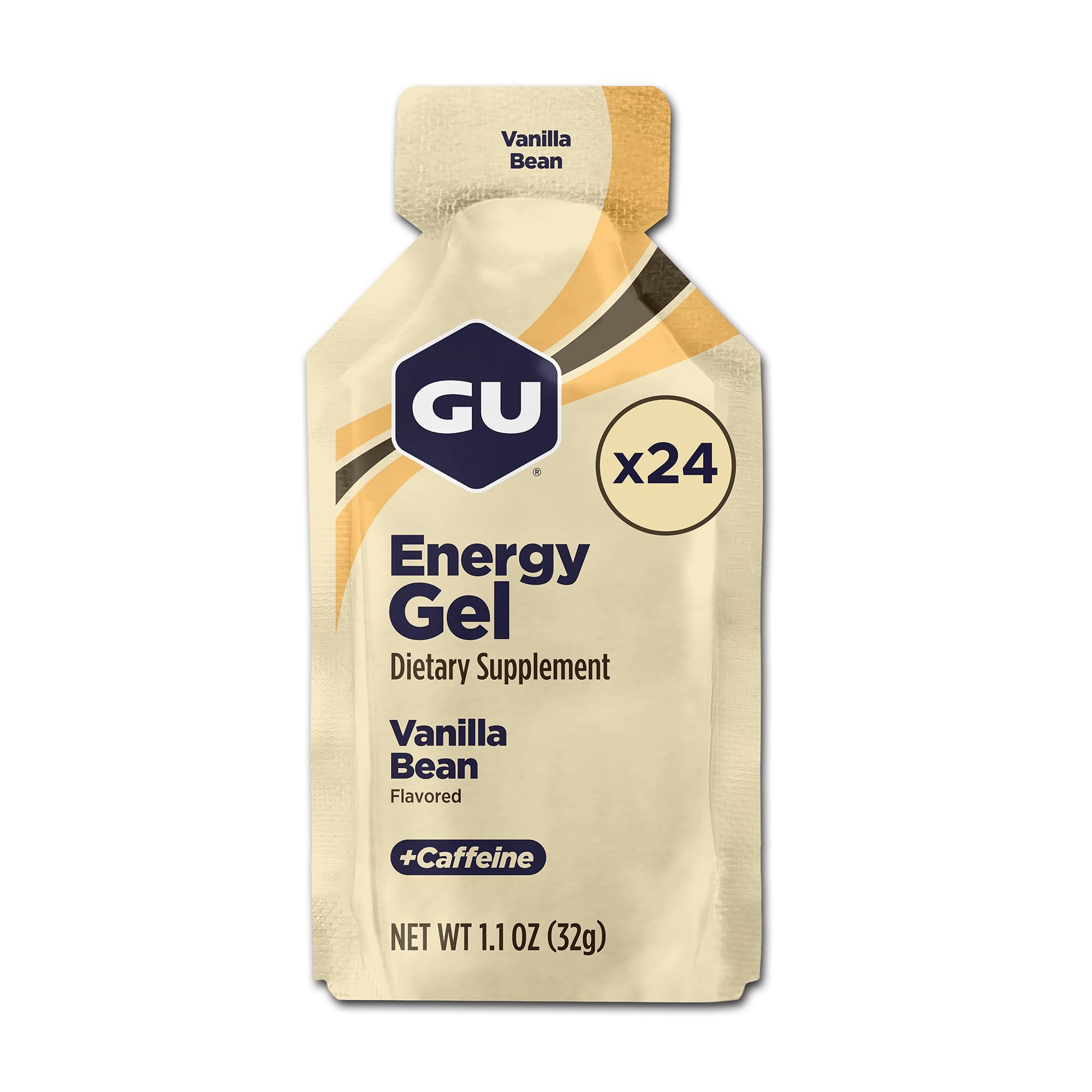 GU Energy frente del empaque mostrando caja de 24 sobres y marca para fácil identificación